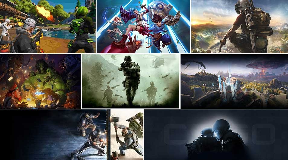 Nine images of different video games. They include action, strategy, and fantasy elements. The color palettes range from bright and vibrant to dark and muted.