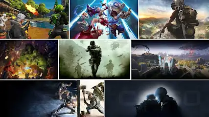 Nine images of different video games. They include action, strategy, and fantasy elements. The color palettes range from bright and vibrant to dark and muted.