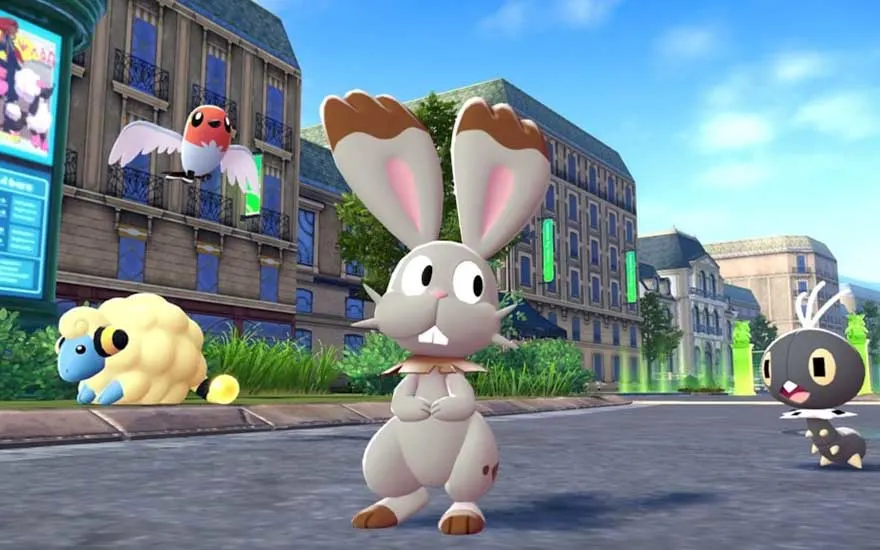 In a bright city street, a rabbit-like Pokémon, a fluffy yellow sheep, a cheerful bird and a tiny caterpillar Pokémon play together.