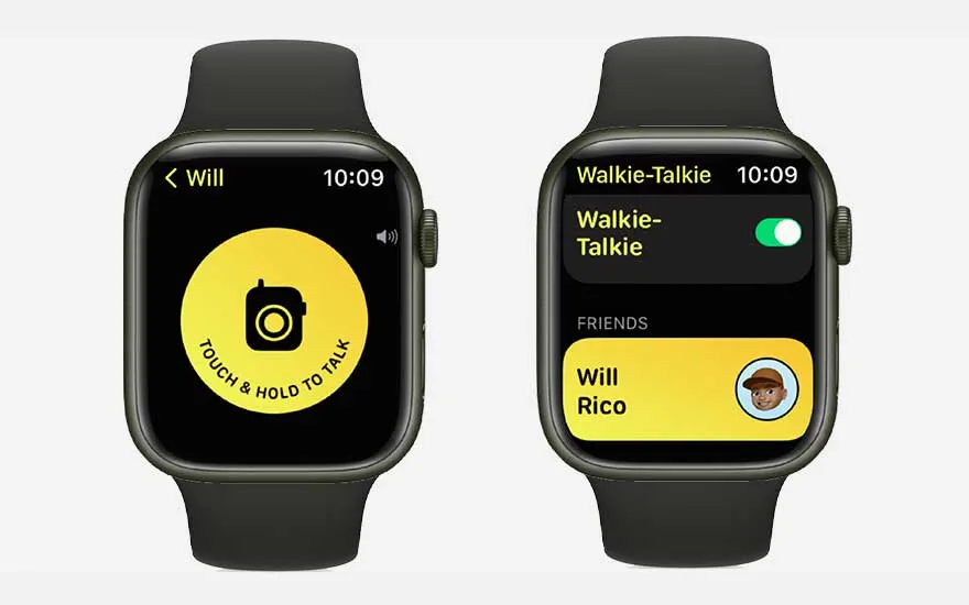 Deux montres intelligentes affichent l'application Talkie-Walkie sur des écrans noirs avec des éléments jaunes et verts.