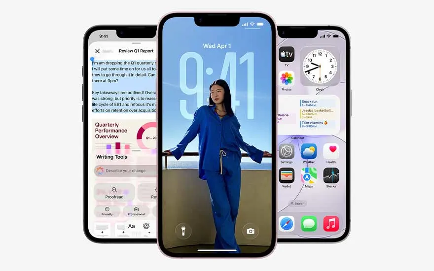 Trois iPhone se chevauchent, montrant des outils de productivité, un écran verrouillé avec une femme en bleu et un écran d’accueil animé.