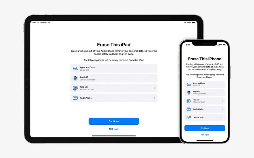 Two devices, an iPad and iPhone, display "Erase" screens against a light background. The screens list data to be removed, with "Continue" and "Not Now" options.