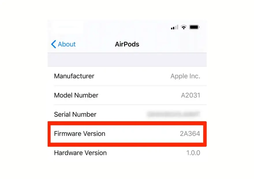AirPods instellingen op een iPhone: fabrikant Apple Inc., modelnummer A2031, firmware 2A364, hardware 1.0.0.