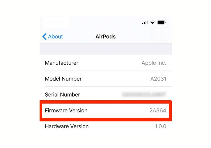Capture d'écran blanche d'un iPhone montrant les détails des AirPods : fabricant Apple, numéro de modèle A2031, version du micrologiciel 2A364.