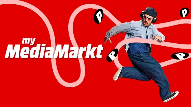 Fond rouge avec texte "MyMediaMarkt". Lignes blanches décoratives et écouteurs noirs.