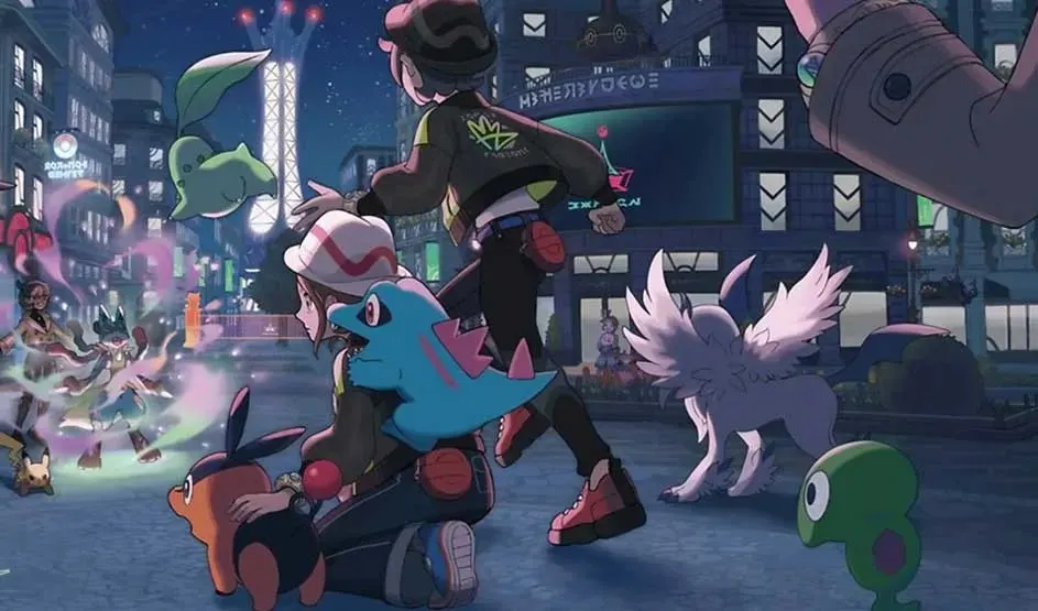 Twee kinderen en hun Pokémon in een stedelijke nachtelijke omgeving.