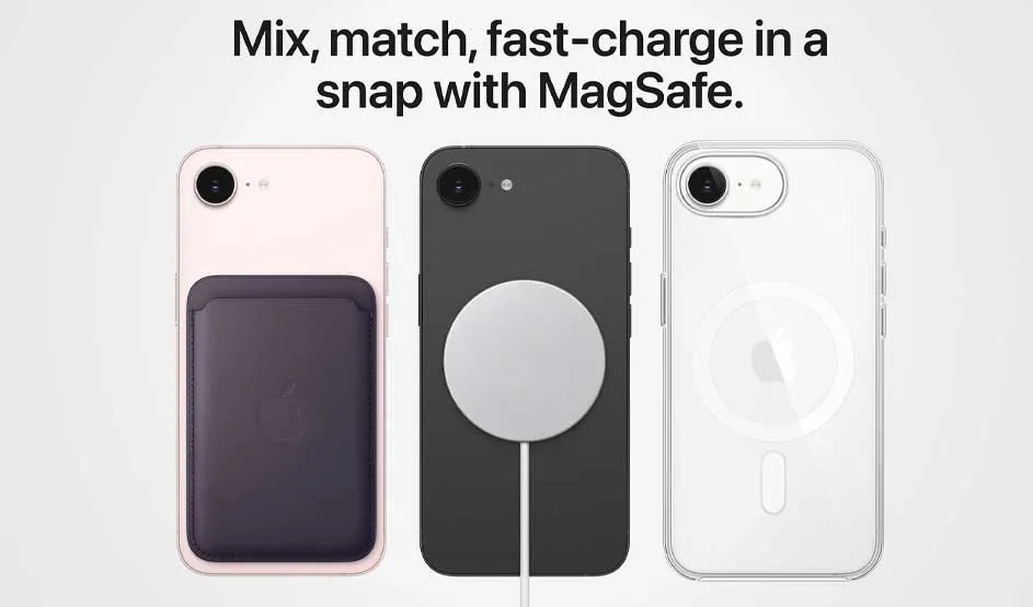 Three iPhones showing MagSafe accessories: pink phone with dark wallet, black phone with white charger, clear case phone.