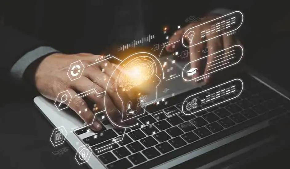 Een laptop met grafische overlays van een hoofd en pictogrammen tegen een donkere achtergrond.