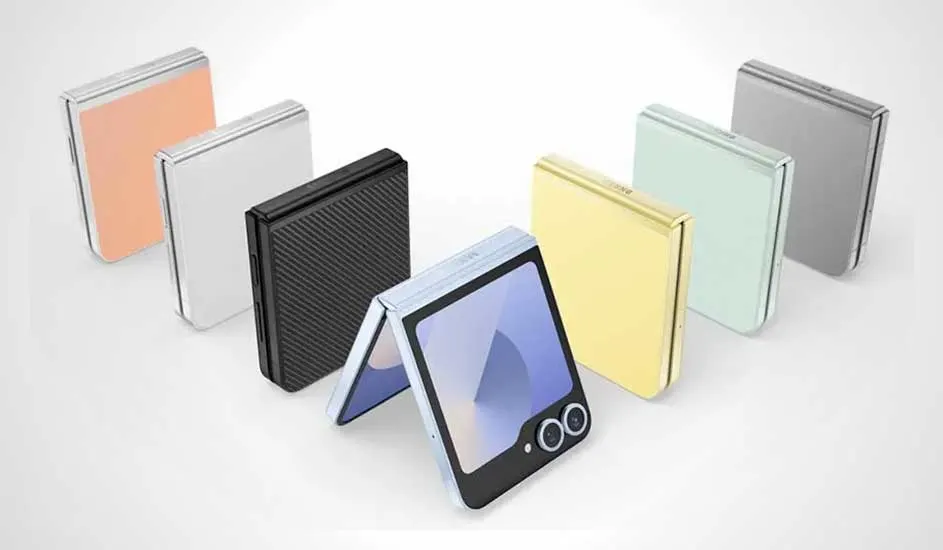 Sept téléphones pliables de différentes couleurs sur une surface blanche. Un téléphone est ouvert.