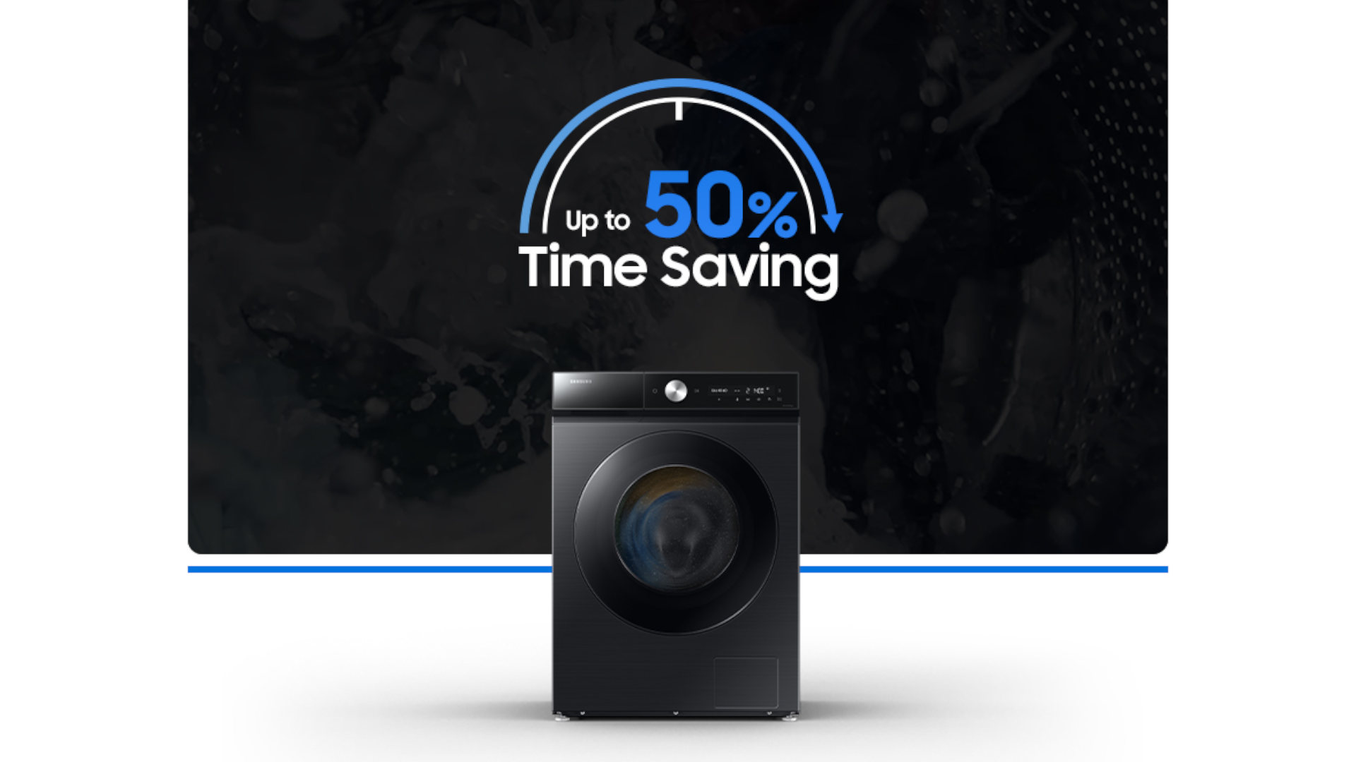 Een zwarte wasmachine staat centraal onder een grafiek met “Up to 50 percent Time Saving” op een donkere achtergrond.