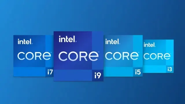 Vierkante blauwe logo's met 'intel CORE' en 'i7', 'i9', 'i5', 'i3' in witte letters op een blauwe achtergrond.
