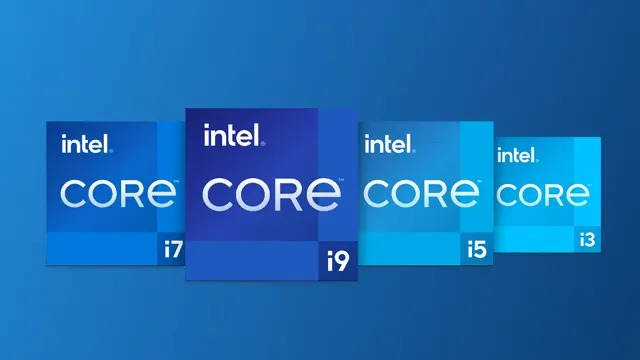 Quatre logos Intel Core (i3, i5, i7, i9) sur fond bleu. Chaque logo est un carré bleu avec le texte "Intel Core" en blanc.