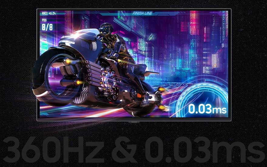 Écran affichant un jeu vidéo de course de moto futuriste dans une ville éclairée au néon, avec des données affichées à l'écran.