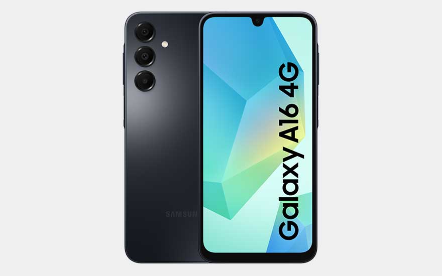 The black Samsung Galaxy A16 4G features a large, bright display and three rear cameras, with a simple and streamlined design.