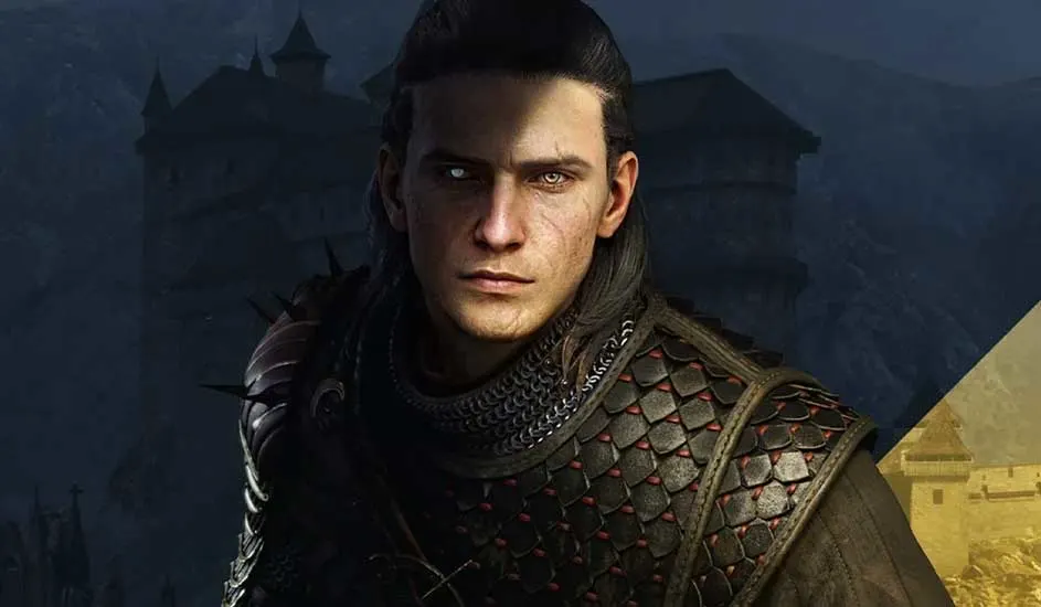 Portrait d’un homme en armure au regard sérieux, avec un château sombre à l’arrière-plan dans un univers fantastique.