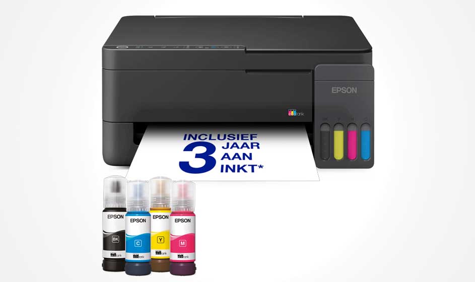 A black Epson printer is printing a page marked “3 years of ink”. Four colorful ink bottles stand in front of the compact device.