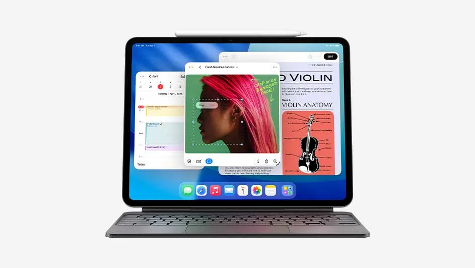 iPad Pro on a keyboard case with Apple Pencil resting above, multitasking between calendar, notes, podcast editing and a colourful violin anatomy lesson.