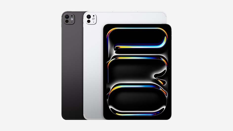 Drie iPads in grijs, wit en zwart met een zwart scherm met kleurrijke vormen, op een witte achtergrond.