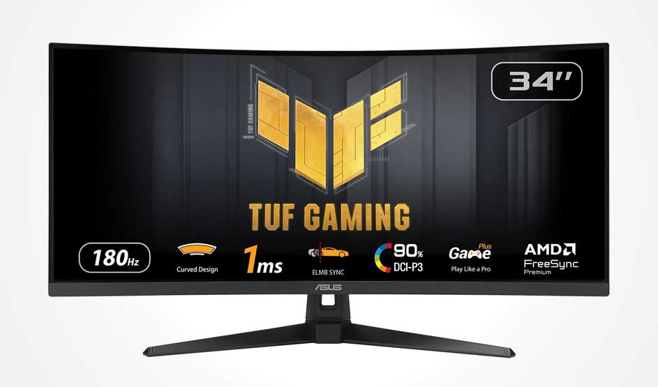 Moniteur ASUS TUF Gaming incurvé 34" avec logo or; indique 180Hz, 1ms, 90% DCI‑P3, ELMB Sync et AMD FreeSync Premium.