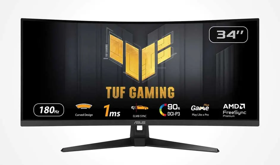 ASUS TUF Gaming curved 34" monitor with gold logo; lists 180Hz, 1ms, 90% DCI‑P3, ELMB Sync and AMD FreeSync Premium.