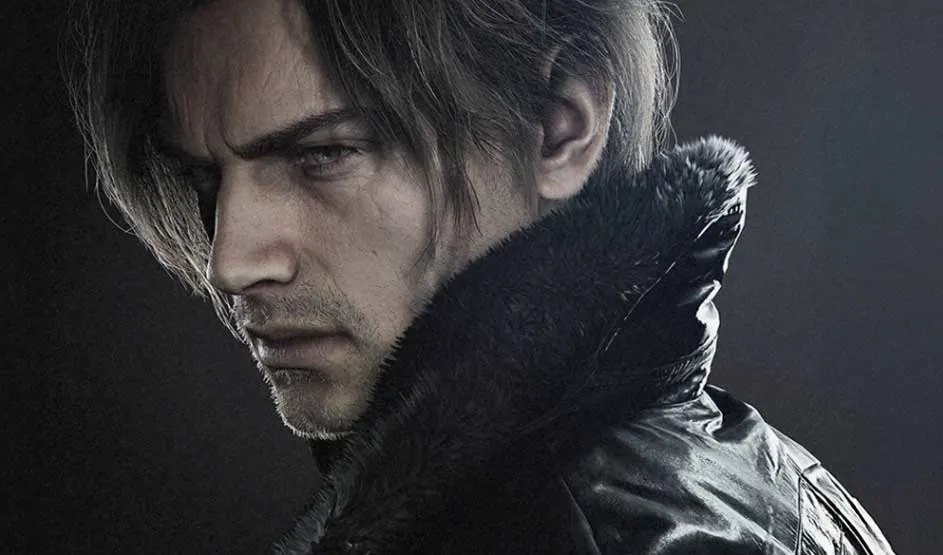 C'est un jeu vidéo. Portrait serré d'un homme sombre aux cheveux mi-longs et barbe naissante; il porte une veste en cuir à col fourré, regard de côté.