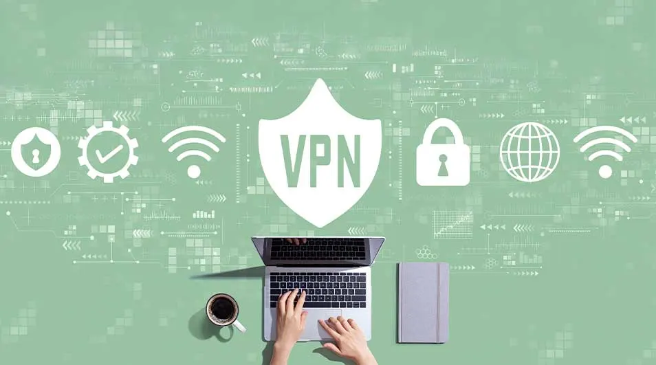 Vue du dessus d'un ordinateur portable, d'une tasse de café, d'un livre sur un fond vert avec des icônes VPN.