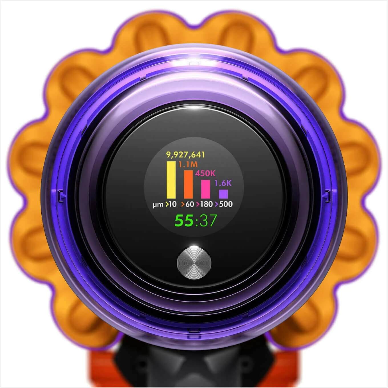 Close-up van een Dyson stofzuiger met een paarse rand. Een digitaal scherm toont statistieken in geel, oranje en roze, en de tijd "55:37".