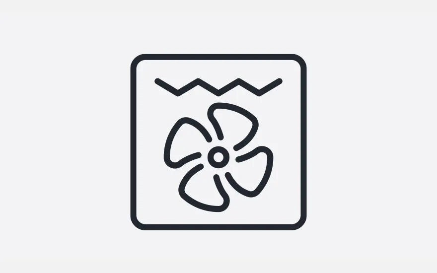 Un pictogramme noir sur fond blanc montre un ventilateur à trois pales dans un carré avec des lignes en zigzag au-dessus.