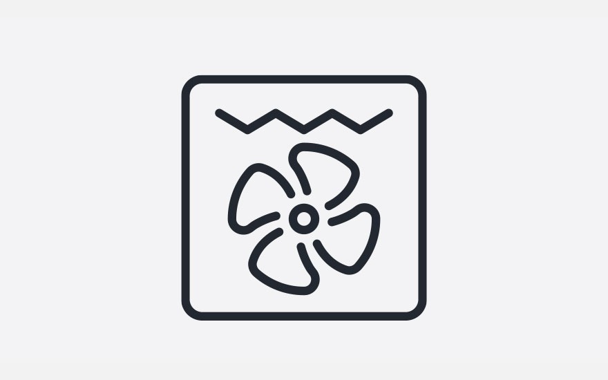 Een zwart-wit icoon toont een ventilator in een vierkant met boven golvende lijnen.