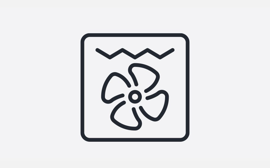Black icon on white background. A fan is inside a rounded square with a zigzag line above it.