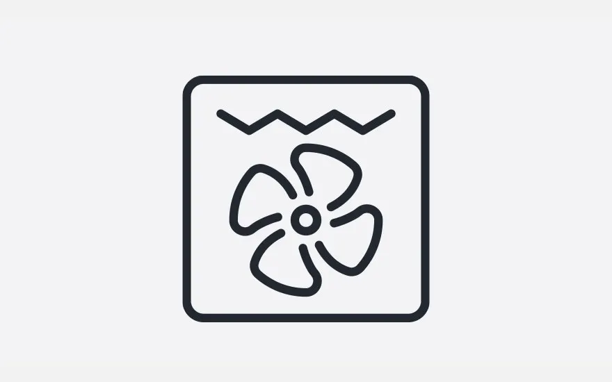 Black icon on white background. A fan is inside a rounded square with a zigzag line above it.