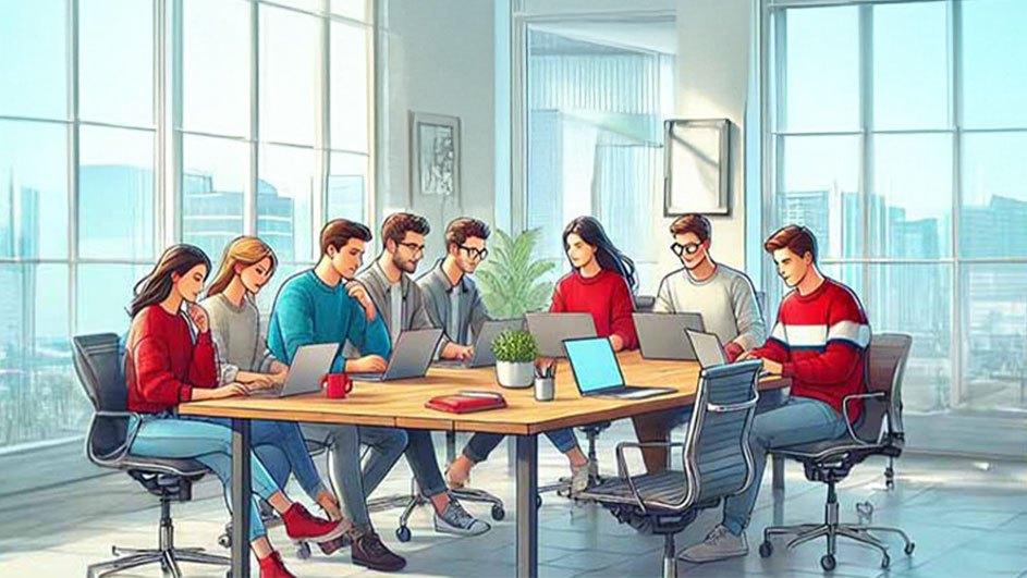 Huit personnes autour d'une table en bois avec des ordinateurs portables dans un bureau lumineux avec de grandes fenêtres.