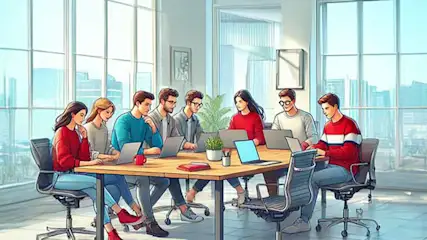 Huit personnes autour d'une table en bois avec des ordinateurs portables dans un bureau lumineux avec de grandes fenêtres.