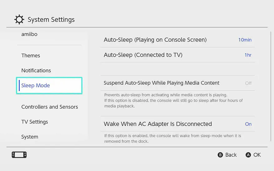 Systeeminstellingen menu op een spelconsole, met opties zoals 'Slaapstand' en 'Controllers en Sensoren' op een lichte achtergrond.