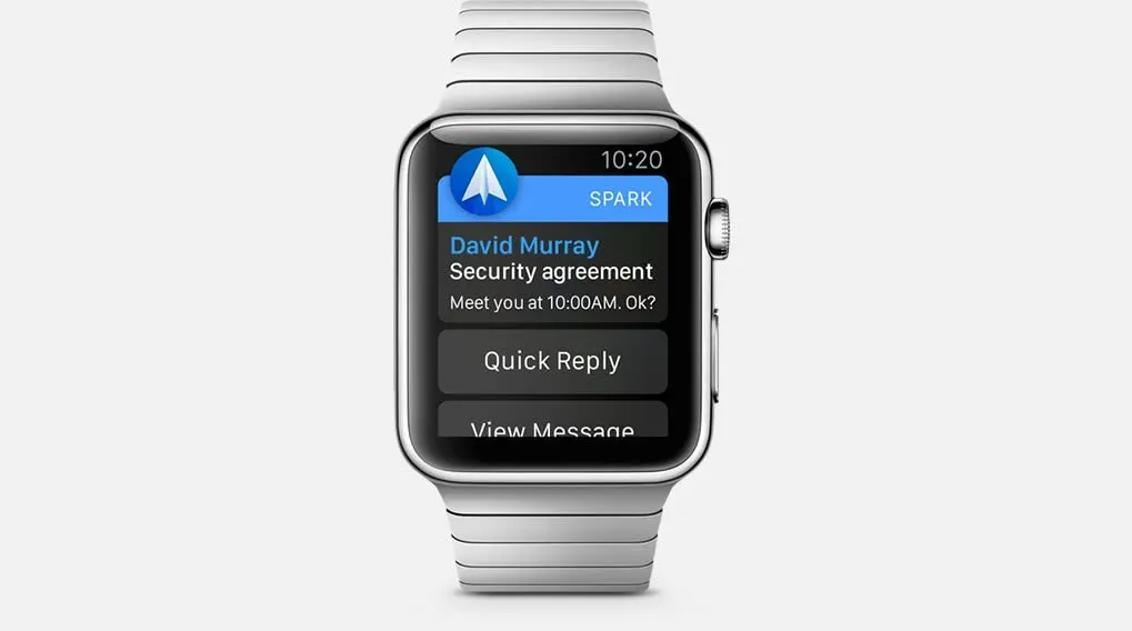 Een zilverkleurige smartwatch toont een melding met de tekst 'David Murray. Security Agreement'. De tijd is 10:20.