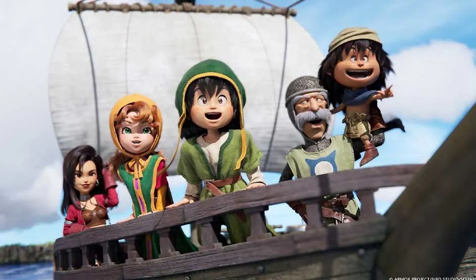 Five cheerful, chibi style heroes crowd the deck of a wooden ship, sails billowing as zij enthousiast naar de verre horizon kijken.
