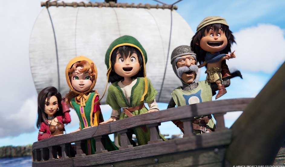 Vijf vrolijke, chibi achtige helden staan op het dek van een houten schip, wind in de zeilen, enthousiast kijkend naar de horizon.