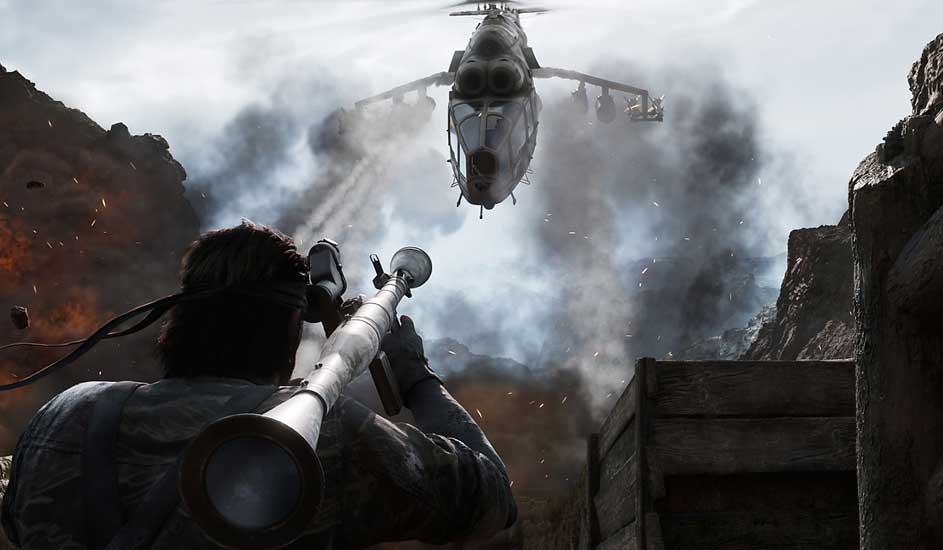 Soldaat met raketwerper richt op helikopter boven rotsachtig terrein met rook en explosies.