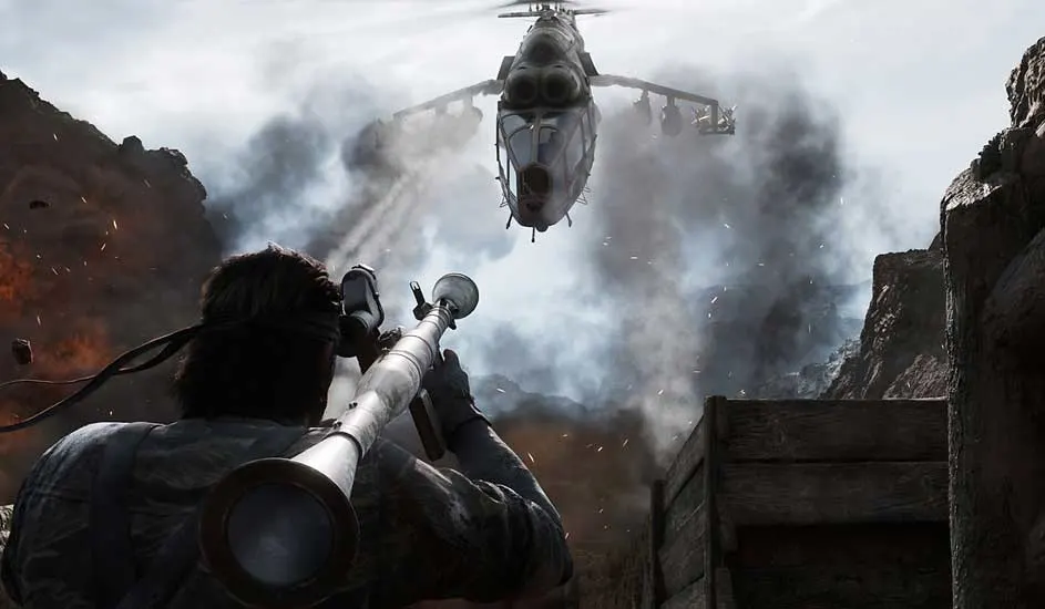 Soldaat met raketwerper richt op helikopter boven rotsachtig terrein met rook en explosies.