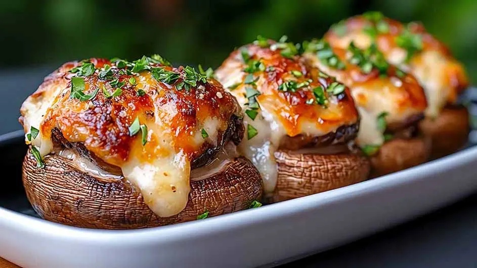Trois champignons farcis garnis de fromage fondu et d'herbes sur une assiette blanche.