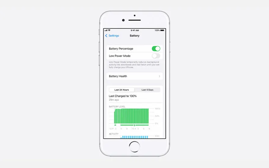 Un iPhone blanc affiche l'écran "Batterie" des paramètres, montrant le pourcentage et l'état de la batterie avec un graphique vert.