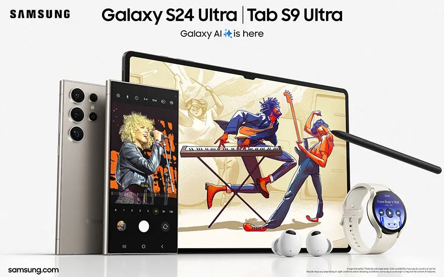 Présentation de produits Samsung : smartphone, tablette affichant un groupe musical, stylet, écouteurs et montre connectée sur fond blanc.