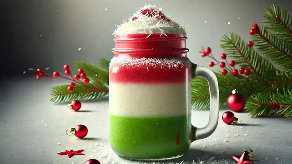 Kerstthee in een glazen pot met lagen groen, wit en rood, afgewerkt met slagroom en kokos. Kerstdecoraties op tafel.