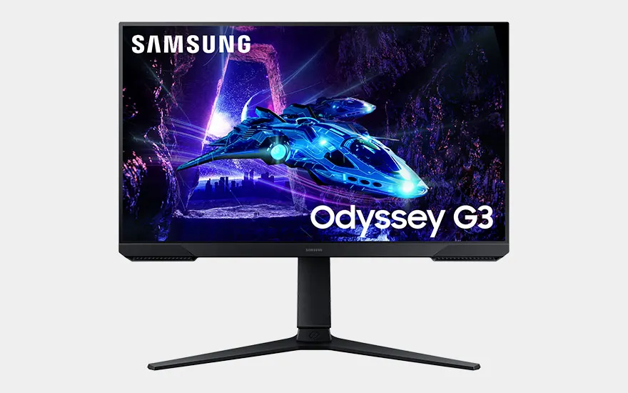 Een Samsung Odyssey G3 monitor met futuristische blauwe ruimteschip scene in paarse nevel, zwarte standaard met Y-vormige voet.