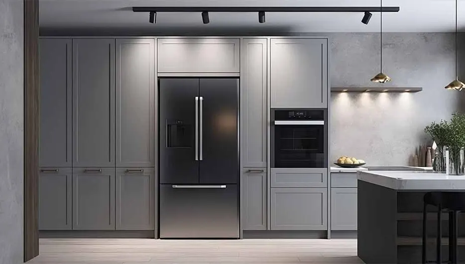 Cuisine moderne avec placards gris, réfrigérateur noir et four. Des plafonniers et un îlot de cuisine avec tabourets de bar sont visibles.