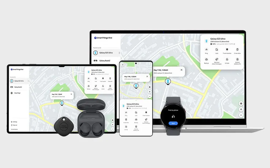 Diverse Samsung-apparaten tonen een kaart-app, waaronder een laptop, tablet, telefoon, horloge, sleutelhanger en oortjes.