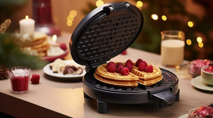 Gaufrier ouvert avec des gaufres et des framboises. Bougies, boissons, et desserts en arrière-plan.