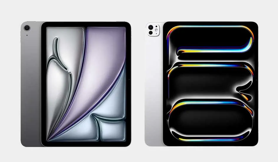 Deux tablettes côte à côte sur fond clair. L'une est grise avec un écran aux motifs argentés et violets, l'autre est blanche avec un écran noir.