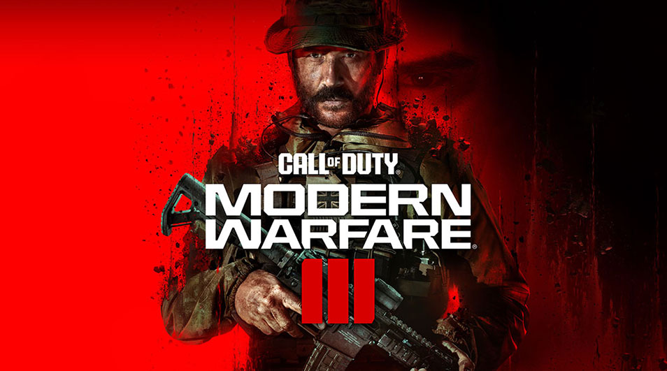 Een promotieafbeelding voor Call of Duty: Modern Warfare III, met een geweer en rode accenten.