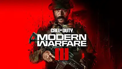 Een promotieafbeelding voor Call of Duty: Modern Warfare III, met een geweer en rode accenten.